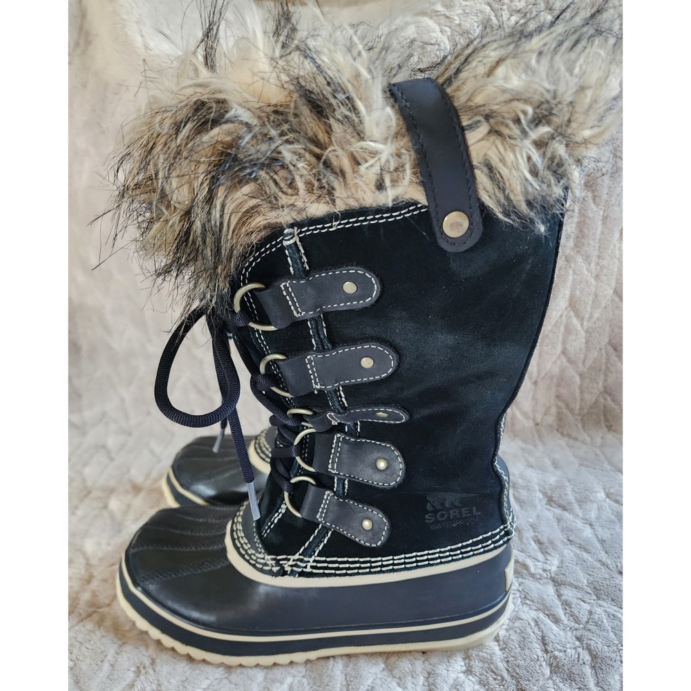Sorel Joan of Arctic Waterproof Winter Boots Black Suede Faux Fur Womens 6
